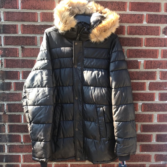 Tommy Hilfiger Leather Parka Winter Coat Fur Hood - Picture 5 of 8
